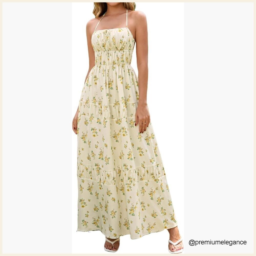 Floral Halter Maxi Dress Backless A-Line Summer Beach Boho Sundress